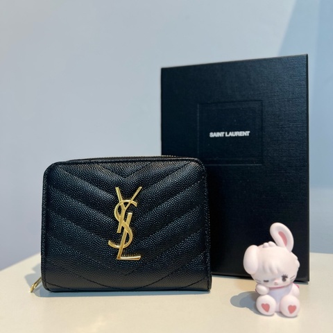 YSL 魚子醬牛皮雙折短夾-黑金（有零錢袋）