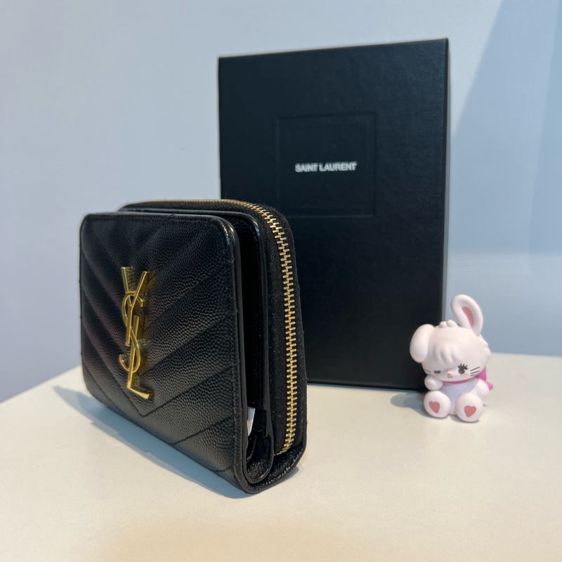 YSL 魚子醬牛皮雙折短夾-黑金(有零錢袋)-3