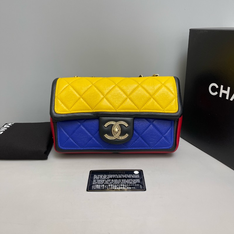 Chanel香奈兒 CF系列全皮拼色菱格單肩斜挎包-0