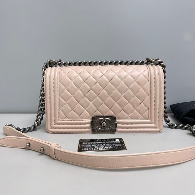 Chanel香奈兒 leboy中號 藕粉色牛皮菱格包-0