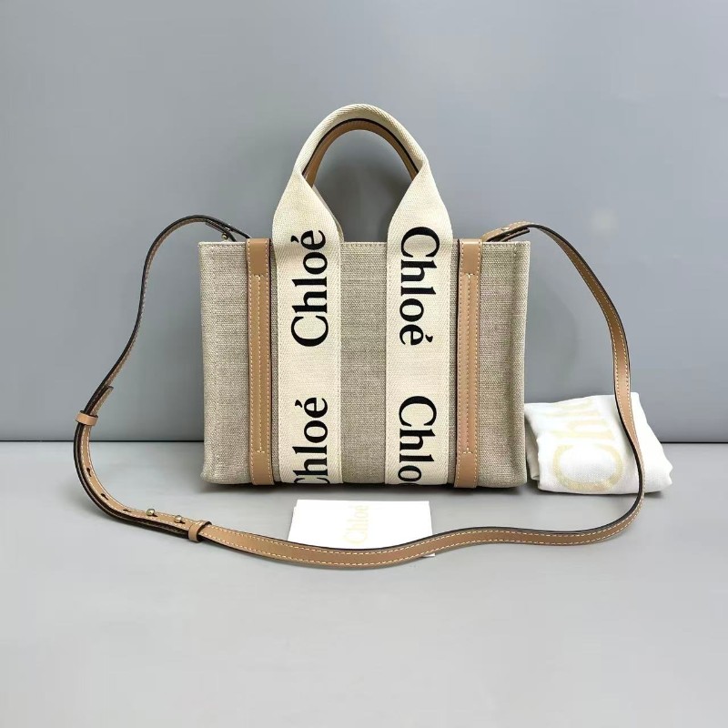 Chloe Woody系列小號帆布奶茶色tote-0