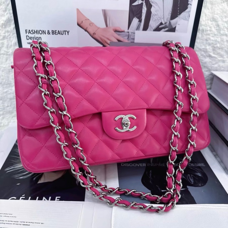 Chanel香奈兒CF Jumbo大號 玫紅羊皮銀扣-0