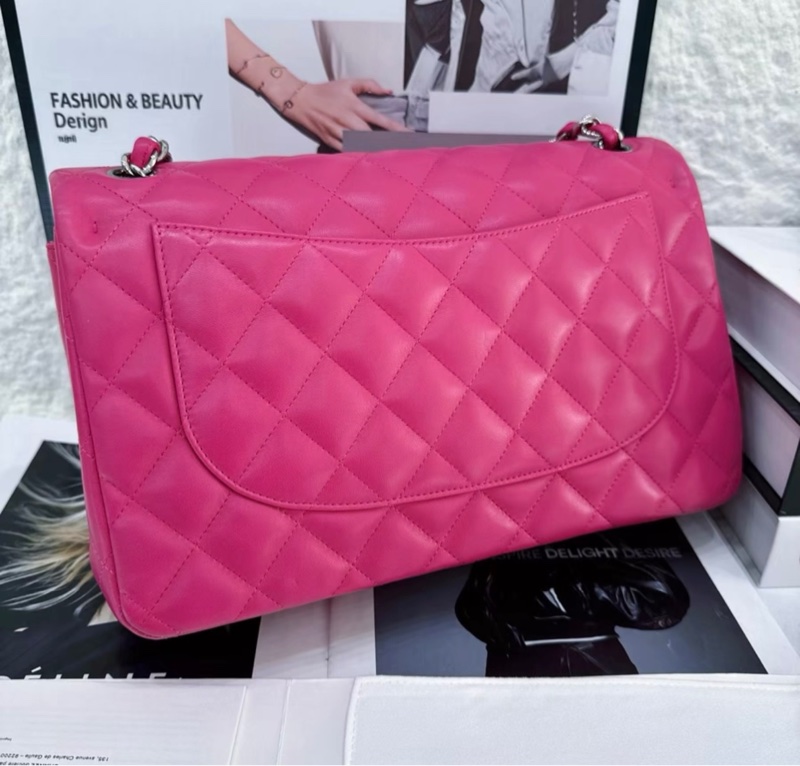 Chanel香奈兒CF Jumbo大號 玫紅羊皮銀扣-1