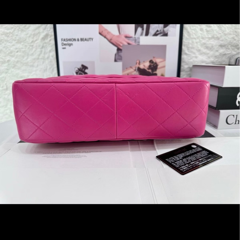 Chanel香奈兒CF Jumbo大號 玫紅羊皮銀扣-5