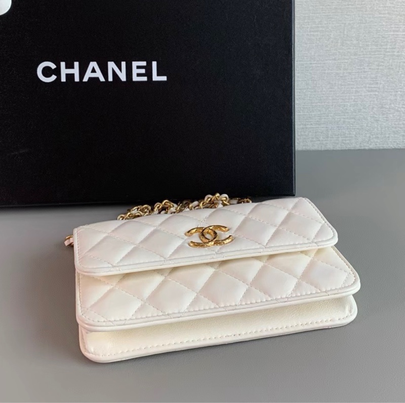 【96新 ✨ 全網最甜價！】Chanel香奈兒 晶片新款 mini woc 菠蘿扣 白金羊皮 橫版手機包 斜挎包（下單前先詢問庫存❗️）-4
