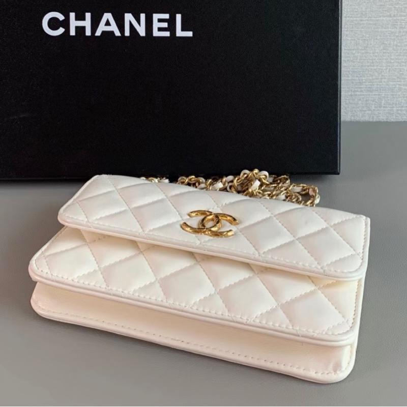 【96新 ✨ 全網最甜價！】Chanel香奈兒 晶片新款 mini woc 菠蘿扣 白金羊皮 橫版手機包 斜挎包（下單前先詢問庫存❗️）-5