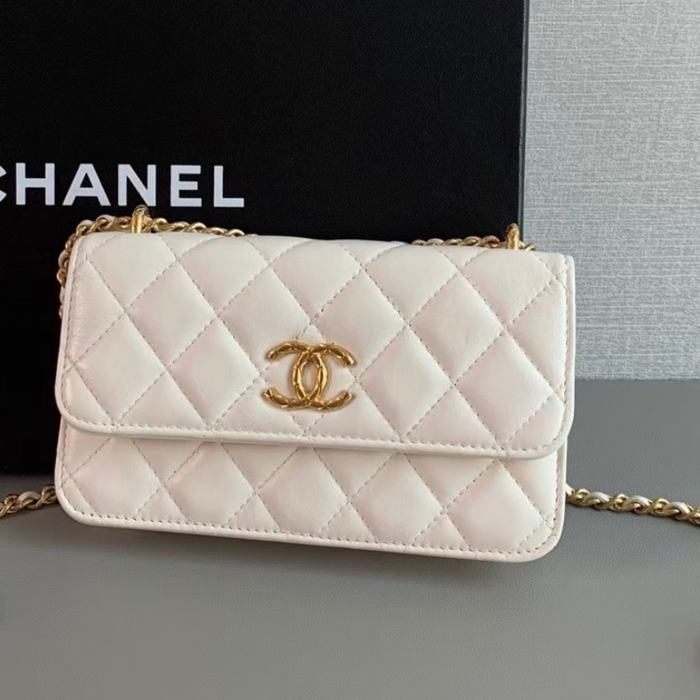 【96新 ✨ 全網最甜價！】Chanel香奈兒 晶片新款 mini woc 菠蘿扣 白金羊皮 橫版手機包 斜挎包（下單前先詢問庫存❗️）-6