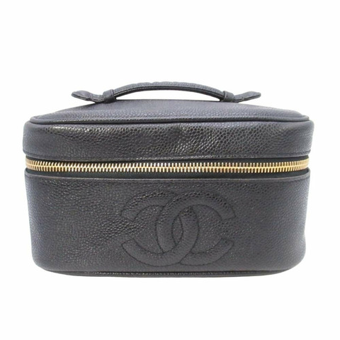 復古香奈兒魚子醬皮化妝包，飾有Coco標誌縫線，橫款化妝包，黑色，第四代，A01997，女士