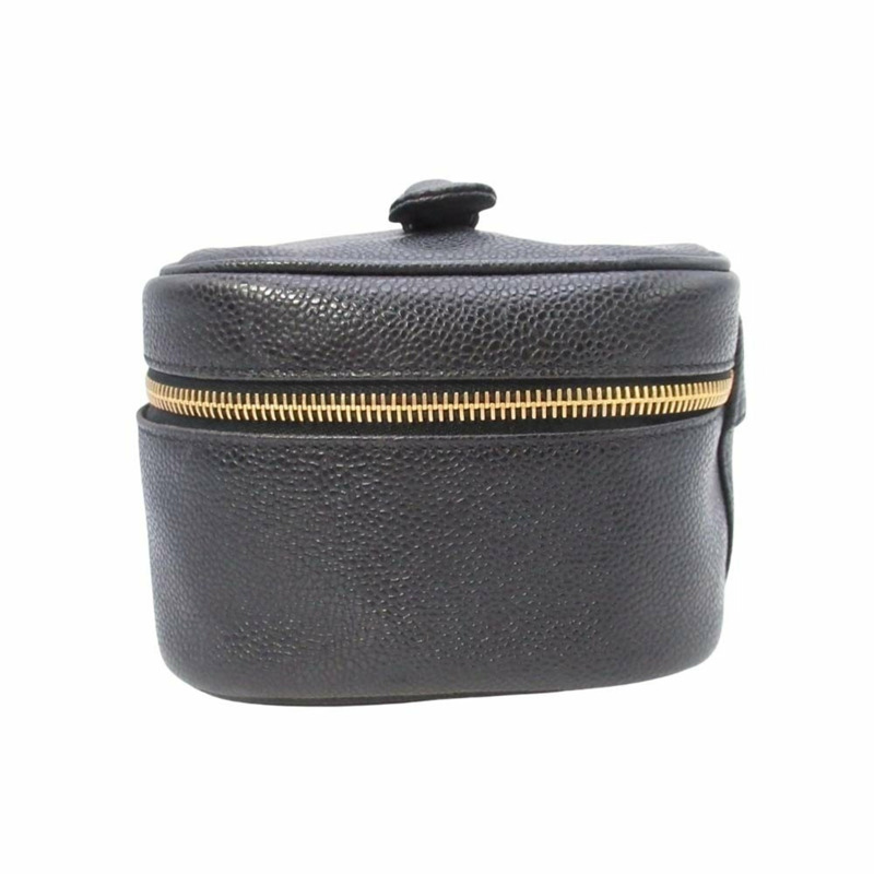 復古香奈兒魚子醬皮化妝包，飾有Coco標誌縫線，橫款化妝包，黑色，第四代，A01997，女士-1