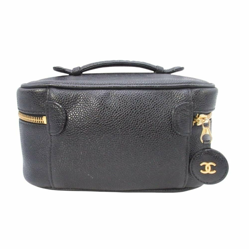 復古香奈兒魚子醬皮化妝包，飾有Coco標誌縫線，橫款化妝包，黑色，第四代，A01997，女士-2