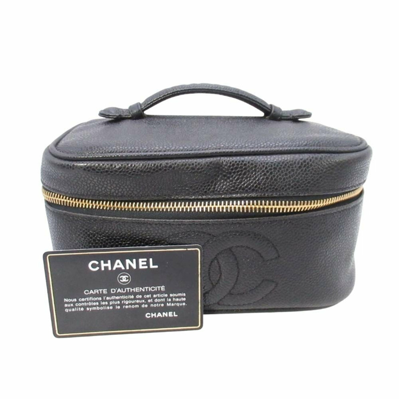 復古香奈兒魚子醬皮化妝包，飾有Coco標誌縫線，橫款化妝包，黑色，第四代，A01997，女士-7
