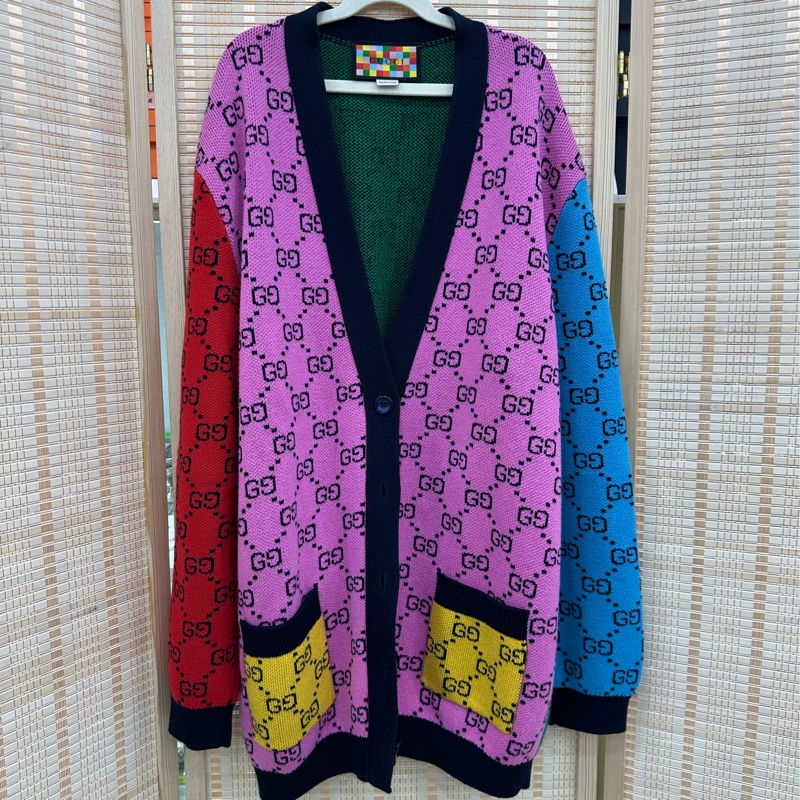 Gucci 拼色logo提花滿印羊毛V領單排扣長袖針織開襟衫外套 S碼 寬鬆版碼數偏大-0