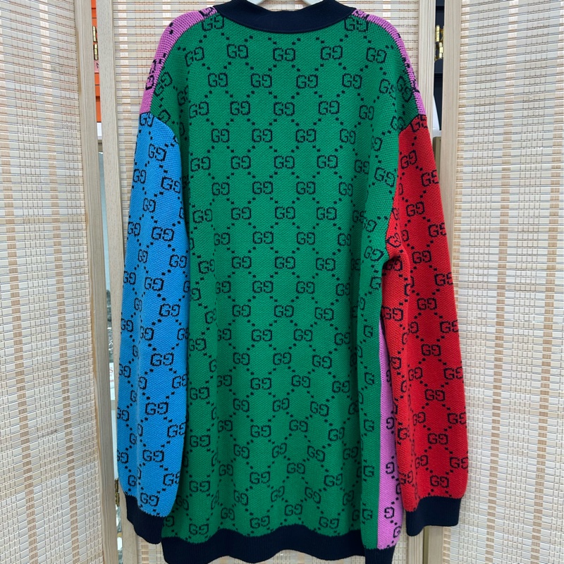 Gucci 拼色logo提花滿印羊毛V領單排扣長袖針織開襟衫外套 S碼 寬鬆版碼數偏大-1