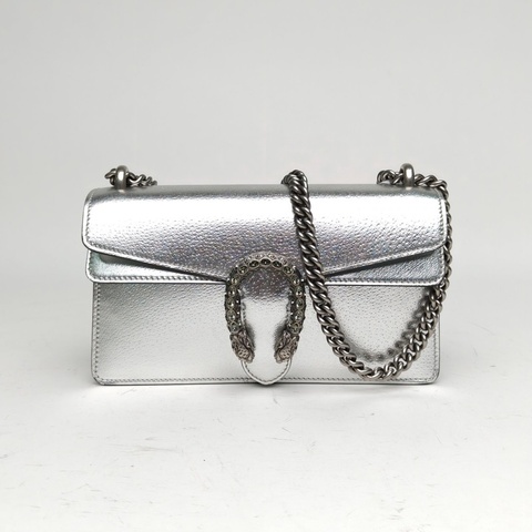 GUCCI Dionysus酒神小號25銀色牛皮鑽扣肩背包