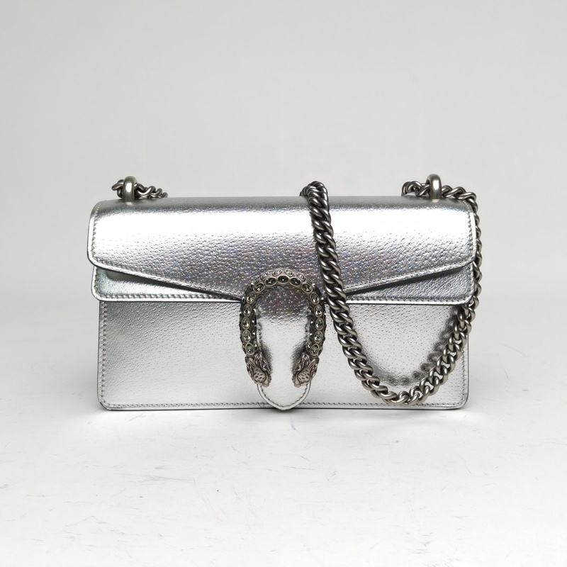 GUCCI Dionysus酒神小號25銀色牛皮鑽扣肩背包-0