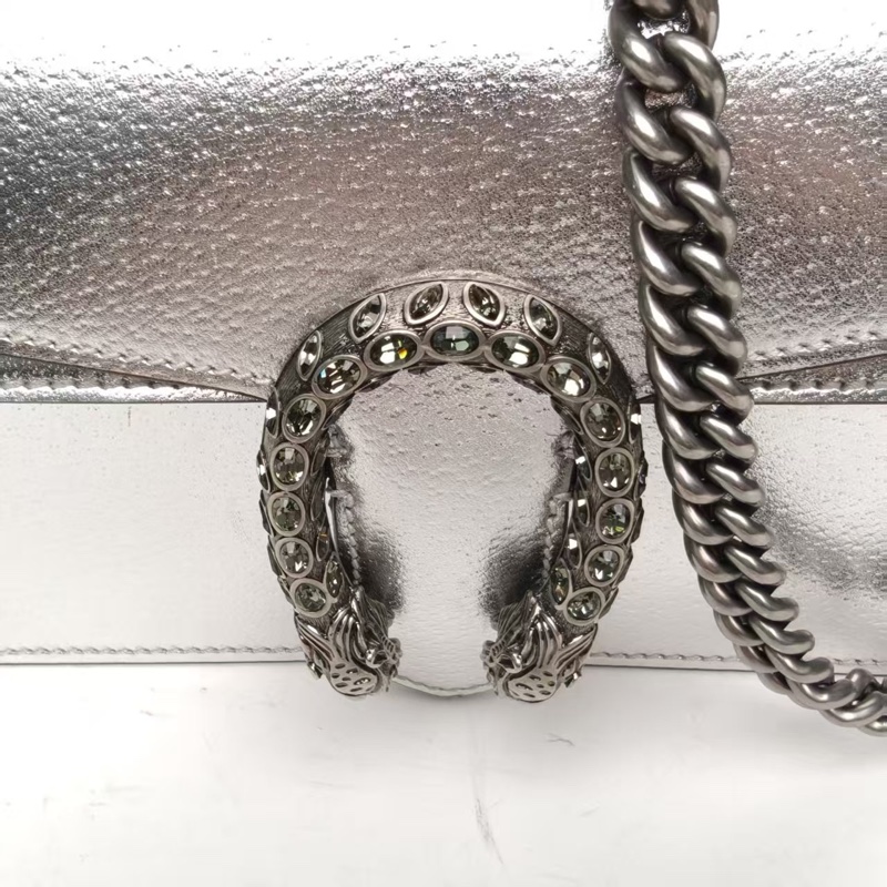 GUCCI Dionysus酒神小號25銀色牛皮鑽扣肩背包-4