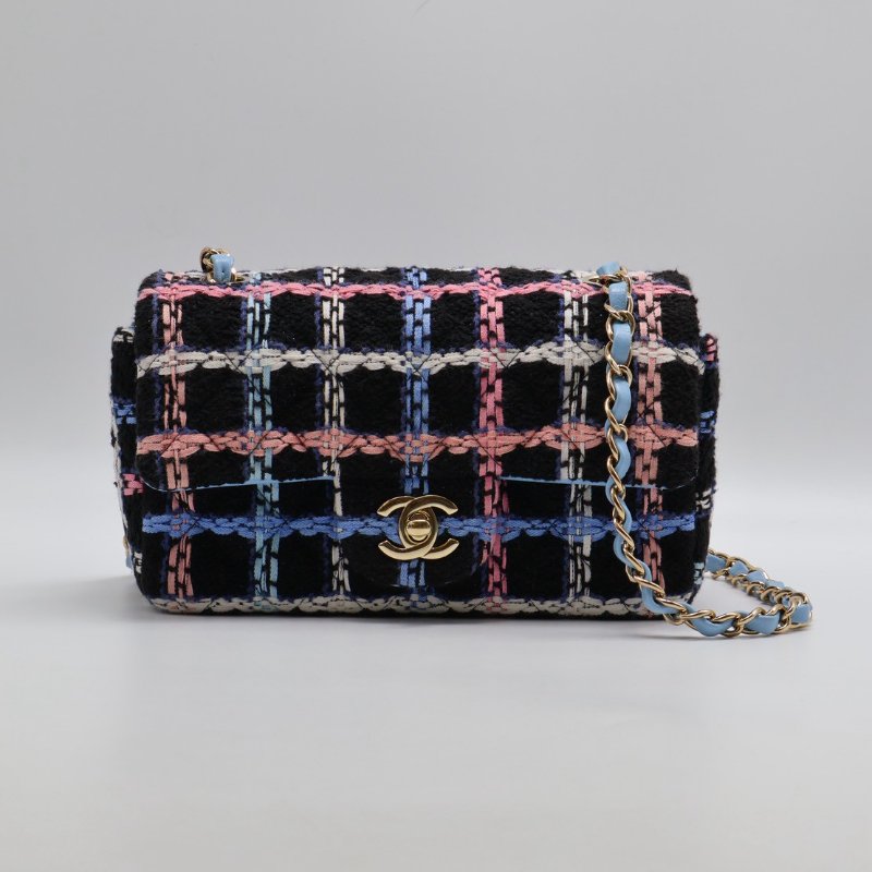 CHANEL 經典口蓋包Mini CF20 -  編織毛呢黑金-0