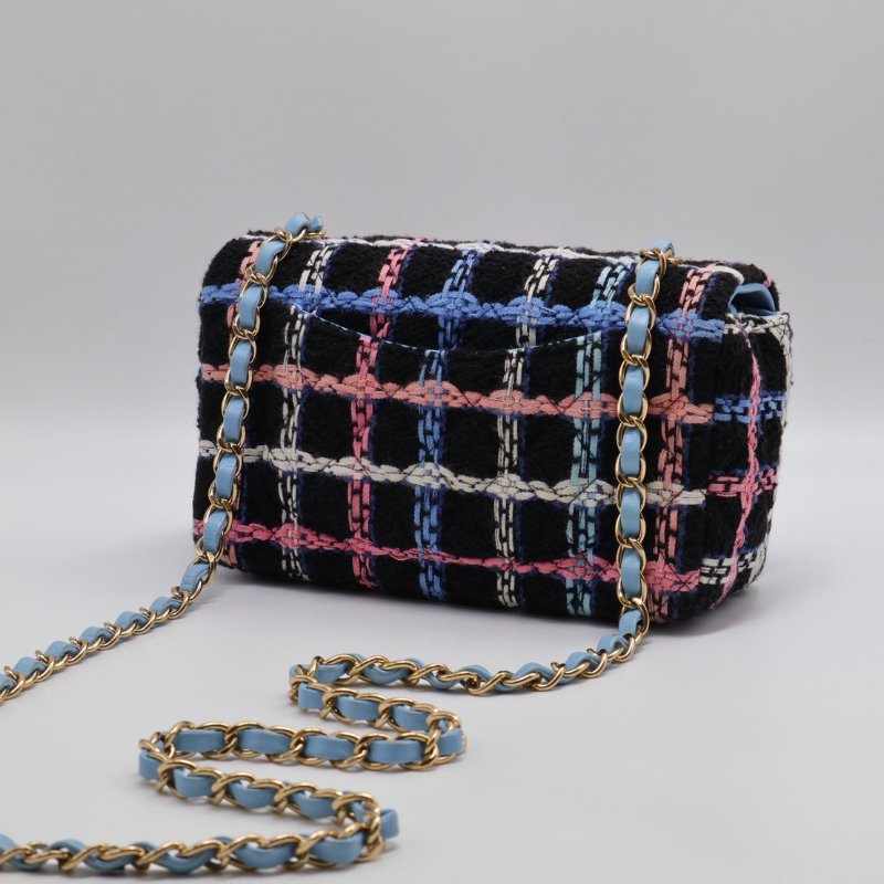 CHANEL 經典口蓋包Mini CF20 -  編織毛呢黑金-3