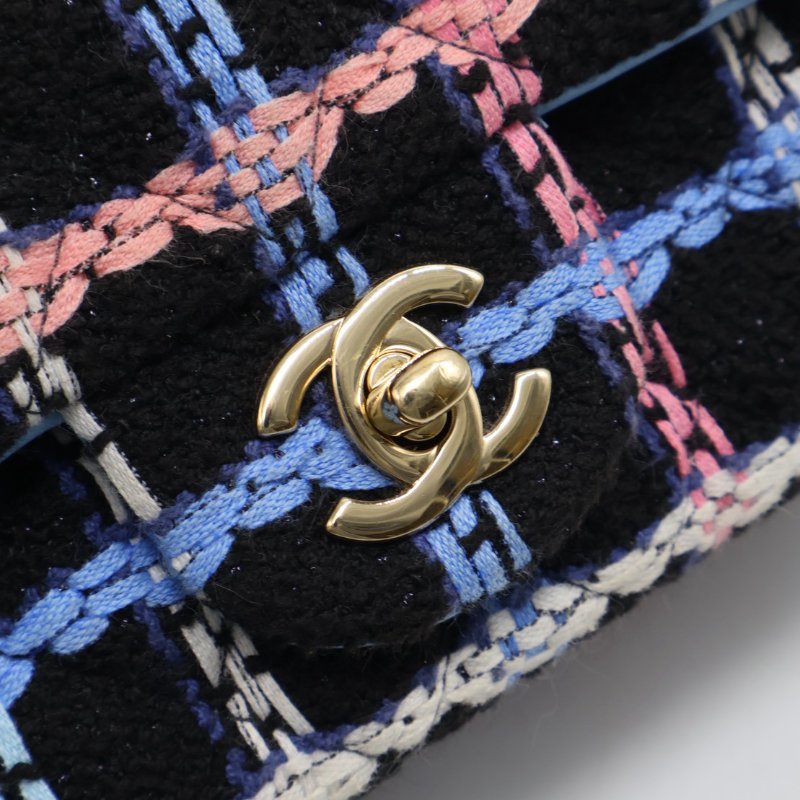 CHANEL 經典口蓋包Mini CF20 -  編織毛呢黑金-13