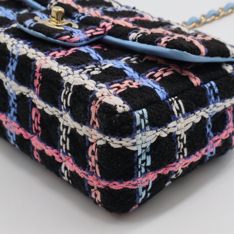 CHANEL 經典口蓋包Mini CF20 -  編織毛呢黑金-15