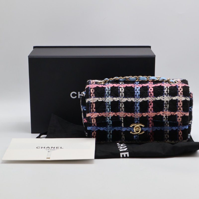 CHANEL 經典口蓋包Mini CF20 -  編織毛呢黑金-17