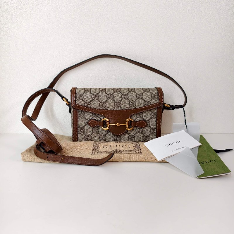 古馳/Gucci Gucci Horsebit 1955系列 米色與烏木色GG Supreme帆布 18公分（寬）x 12公分（高）x 5公分（深） 99新-0