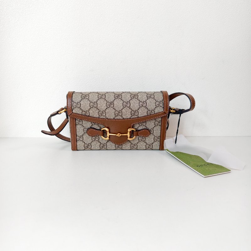 古馳/Gucci Gucci Horsebit 1955系列 米色與烏木色GG Supreme帆布 18公分（寬）x 12公分（高）x 5公分（深） 99新-1