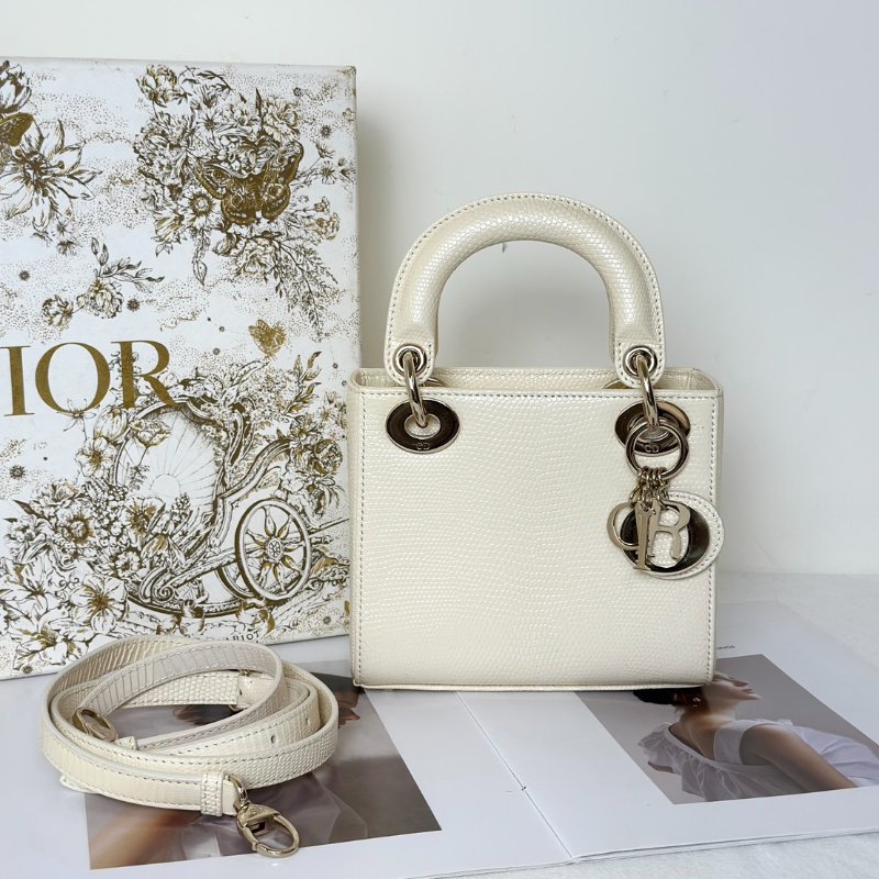 DIOR Lady dior蜥蜴皮戴妃包 - mini米白金-0