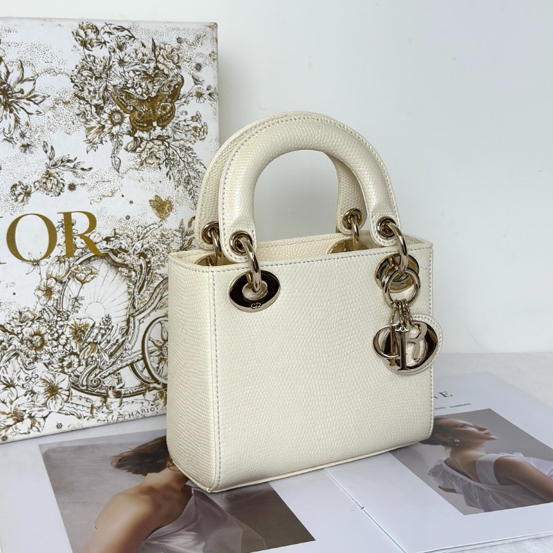 DIOR Lady dior蜥蜴皮戴妃包 - mini米白金-2