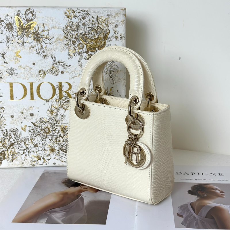 DIOR Lady dior蜥蜴皮戴妃包 - mini米白金-3