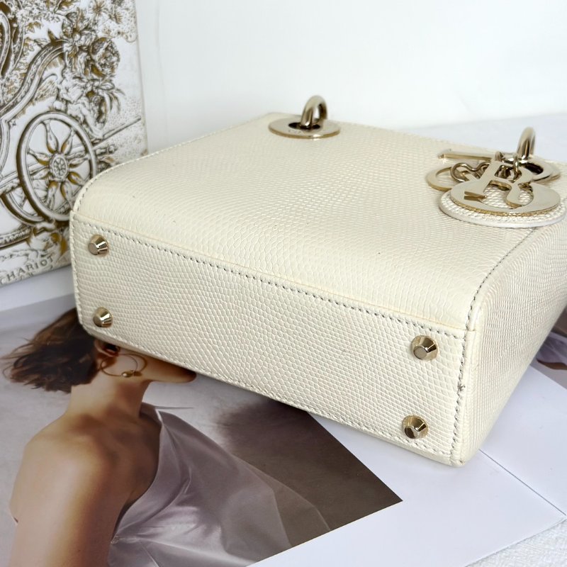 DIOR Lady dior蜥蜴皮戴妃包 - mini米白金-5