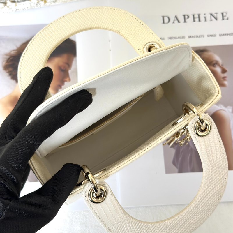 DIOR Lady dior蜥蜴皮戴妃包 - mini米白金-6