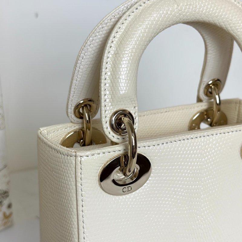 DIOR Lady dior蜥蜴皮戴妃包 - mini米白金-11
