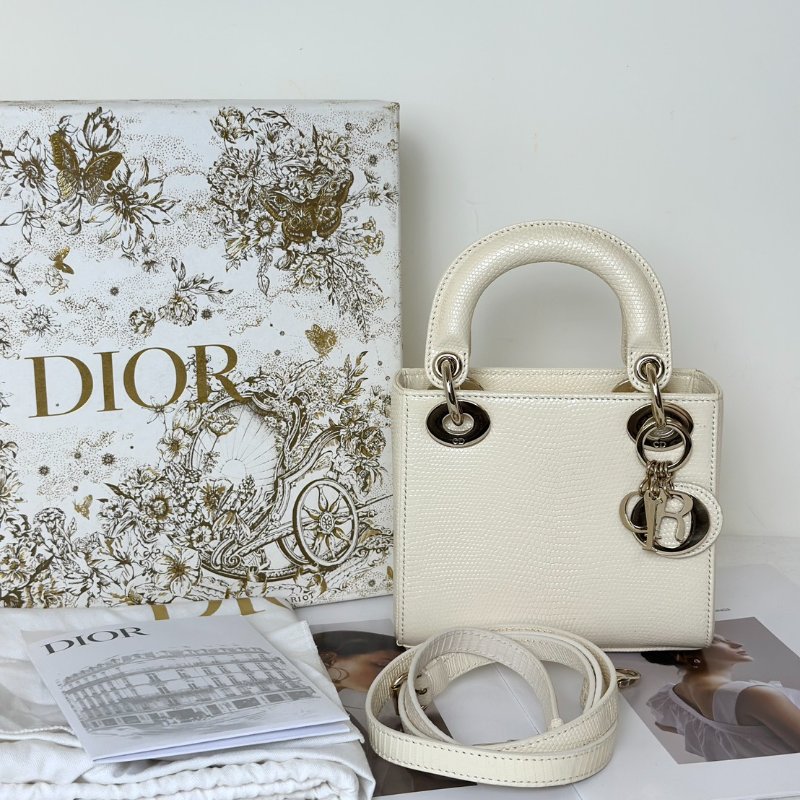 DIOR Lady dior蜥蜴皮戴妃包 - mini米白金-17