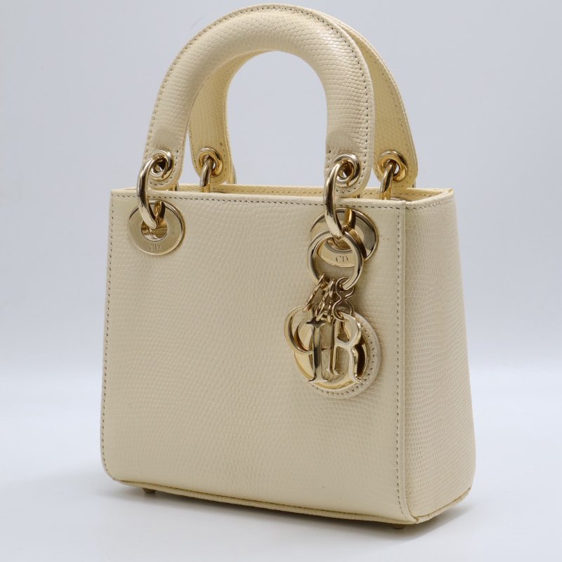 DIOR Lady dior蜥蜴皮戴妃包 - mini米白金-3