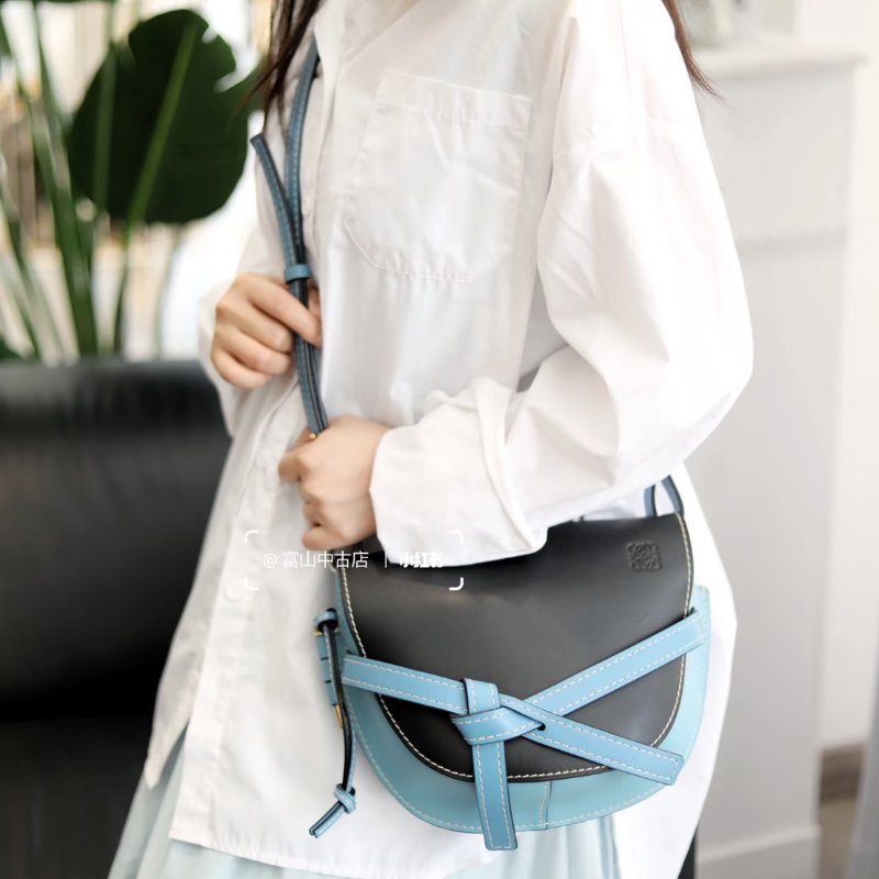 LOEWE Gate馬鞍包 - 中號水藍拚黑-13