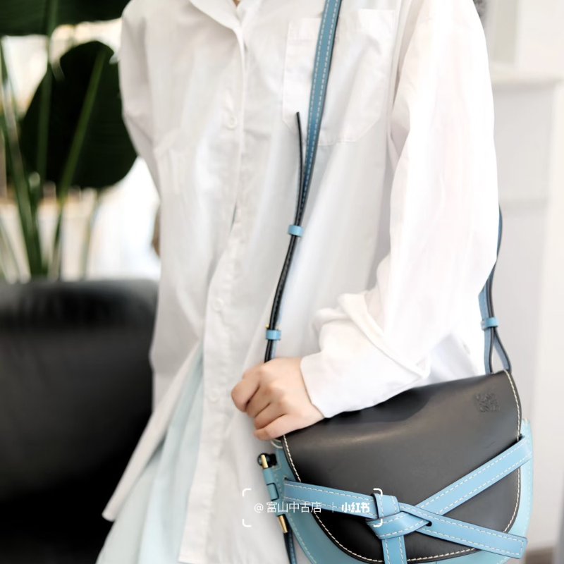 LOEWE Gate馬鞍包 - 中號水藍拚黑-14