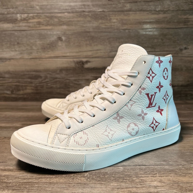 LV路易威登 Tattoo 白紅 logo滿印 老花 高幫休閒板鞋 41碼-0