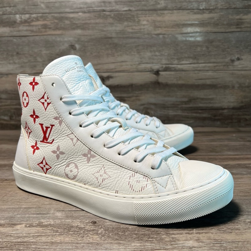 LV路易威登 Tattoo 白紅 logo滿印 老花 高幫休閒板鞋 41碼-1