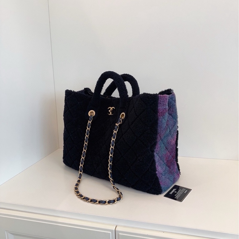 【99新🆕】Chanel 秋冬黑金拼紫色🖤💜羊毛 泰迪tote 托特購物袋 手提單肩包-3