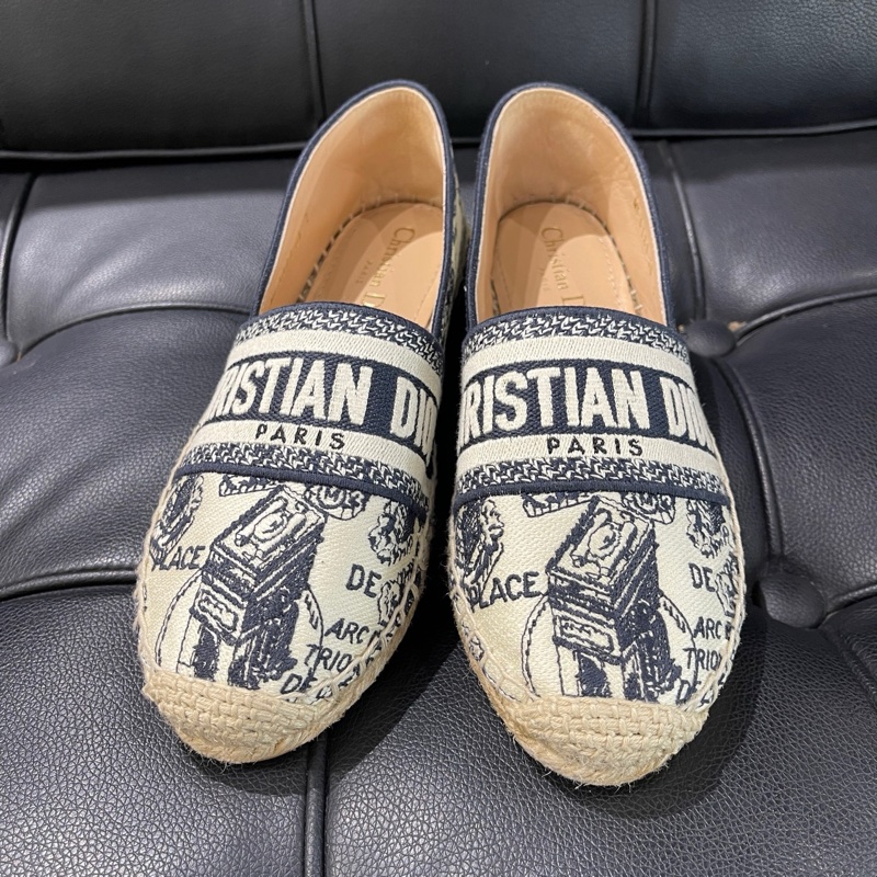 99新 迪奧/Dior  深藍色棉質刺繡 Oblique 印花  草編鞋 36碼-0