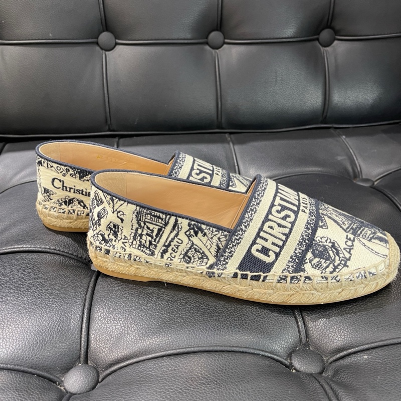 99新 迪奧/Dior  深藍色棉質刺繡 Oblique 印花  草編鞋 36碼-1