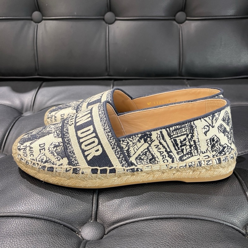 99新 迪奧/Dior  深藍色棉質刺繡 Oblique 印花  草編鞋 36碼-3