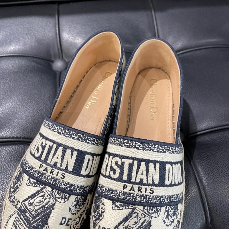 99新 迪奧/Dior  深藍色棉質刺繡 Oblique 印花  草編鞋 36碼-5