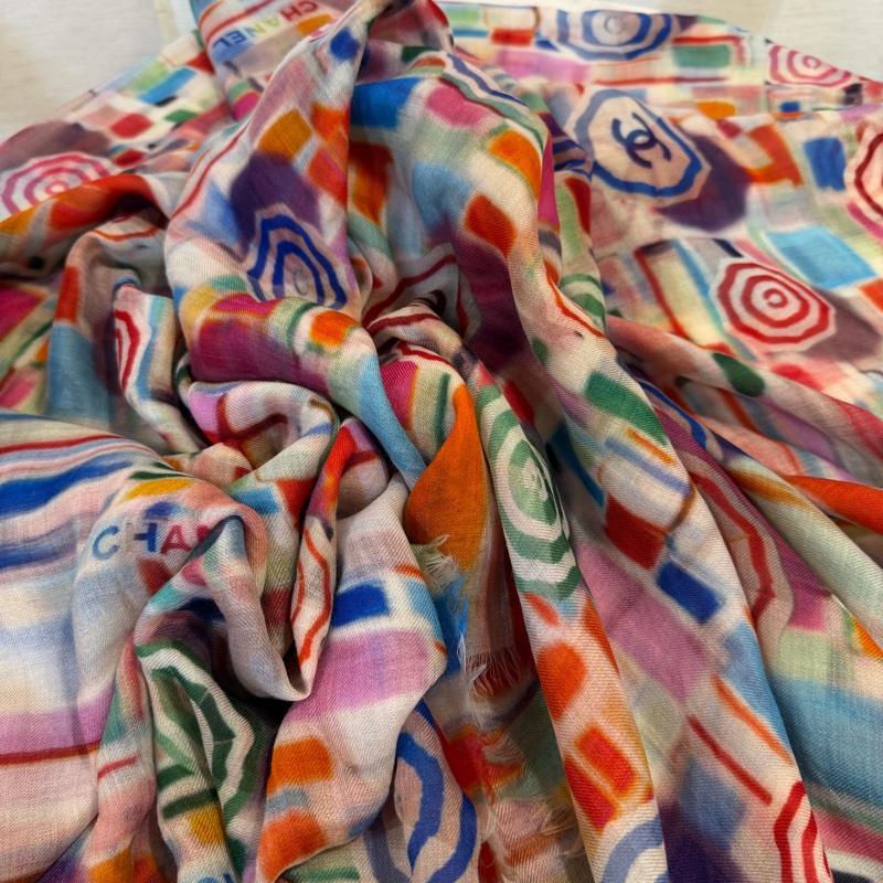 Chanel 紫白黃綠毛圖案克什米爾方巾-3