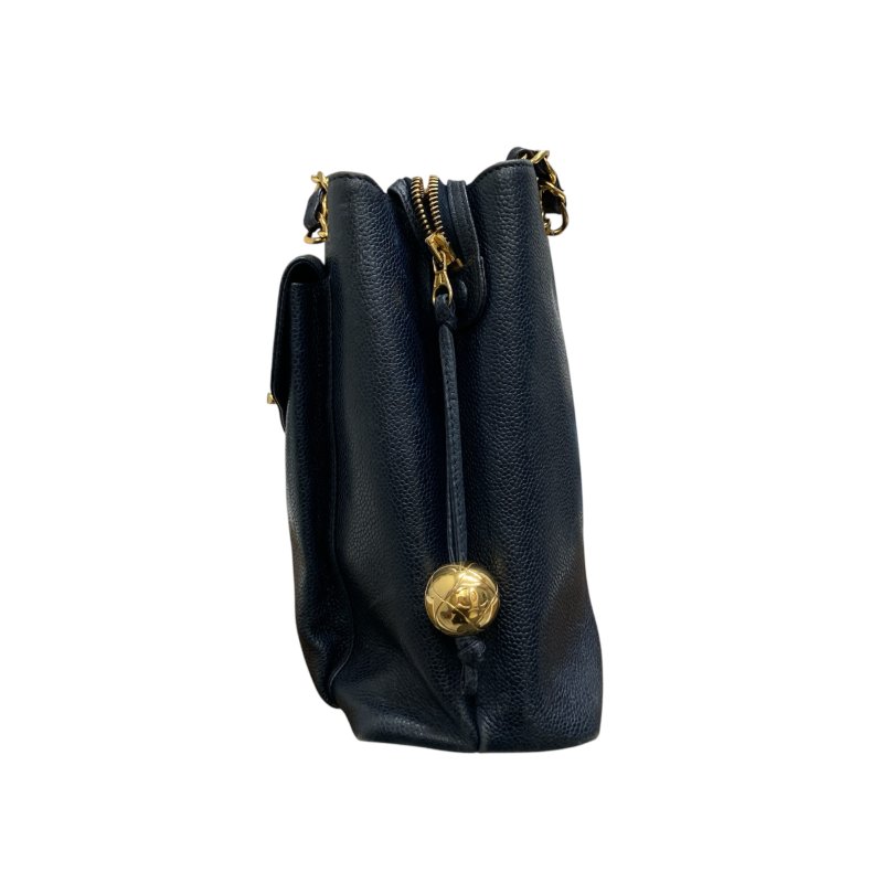 CHANEL 香奈兒 金球托特包 荔枝牛皮 深藍色 金釦-4