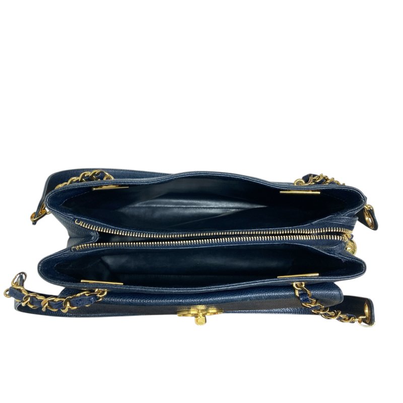 CHANEL 香奈兒 金球托特包 荔枝牛皮 深藍色 金釦-6