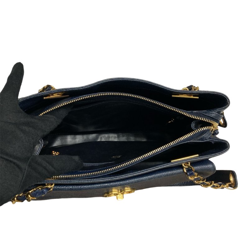 CHANEL 香奈兒 金球托特包 荔枝牛皮 深藍色 金釦-11