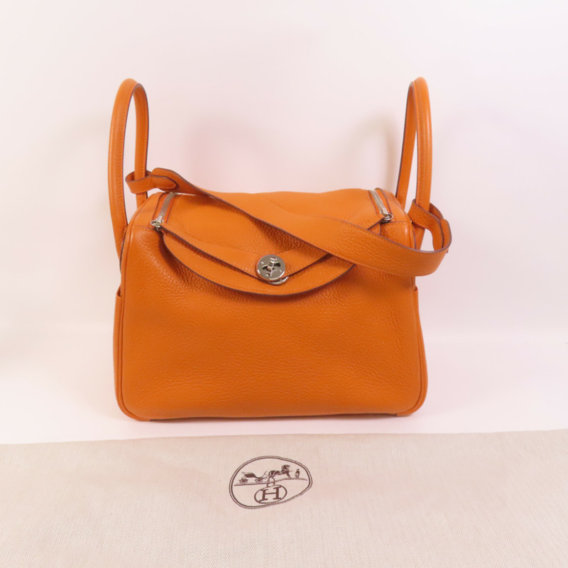 HERMES Clemence皮革Lindy 30銀扣手挽肩背兩用袋Orange-9