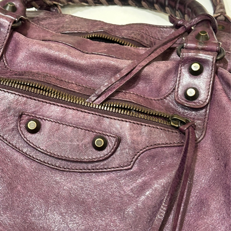 巴黎世家紫色經典機車包city 復古色卯釘-0